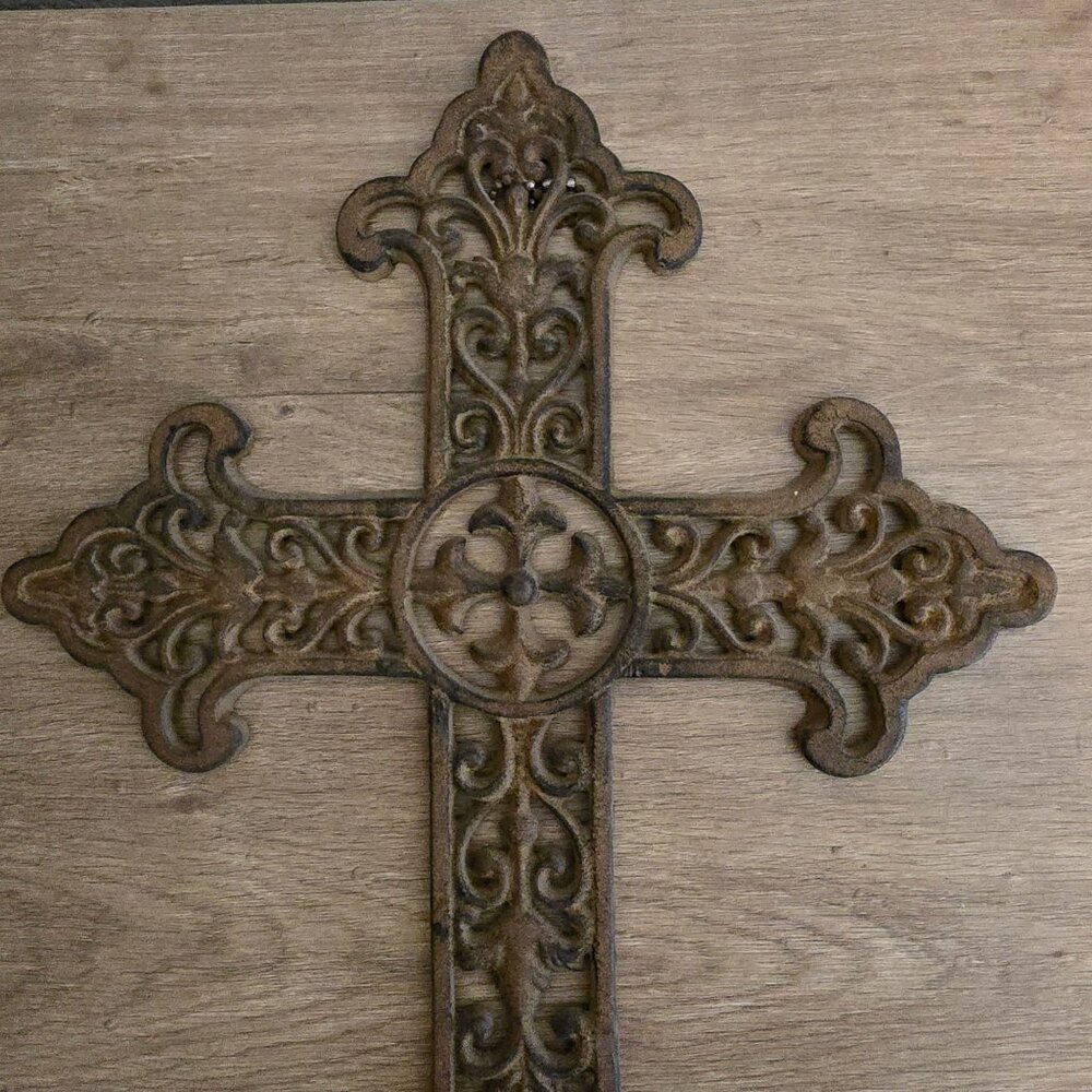Cast Iron Hanging Cross Scrollwork Rustic Brown Finish Religious Heavy - Picture 9 of 10
